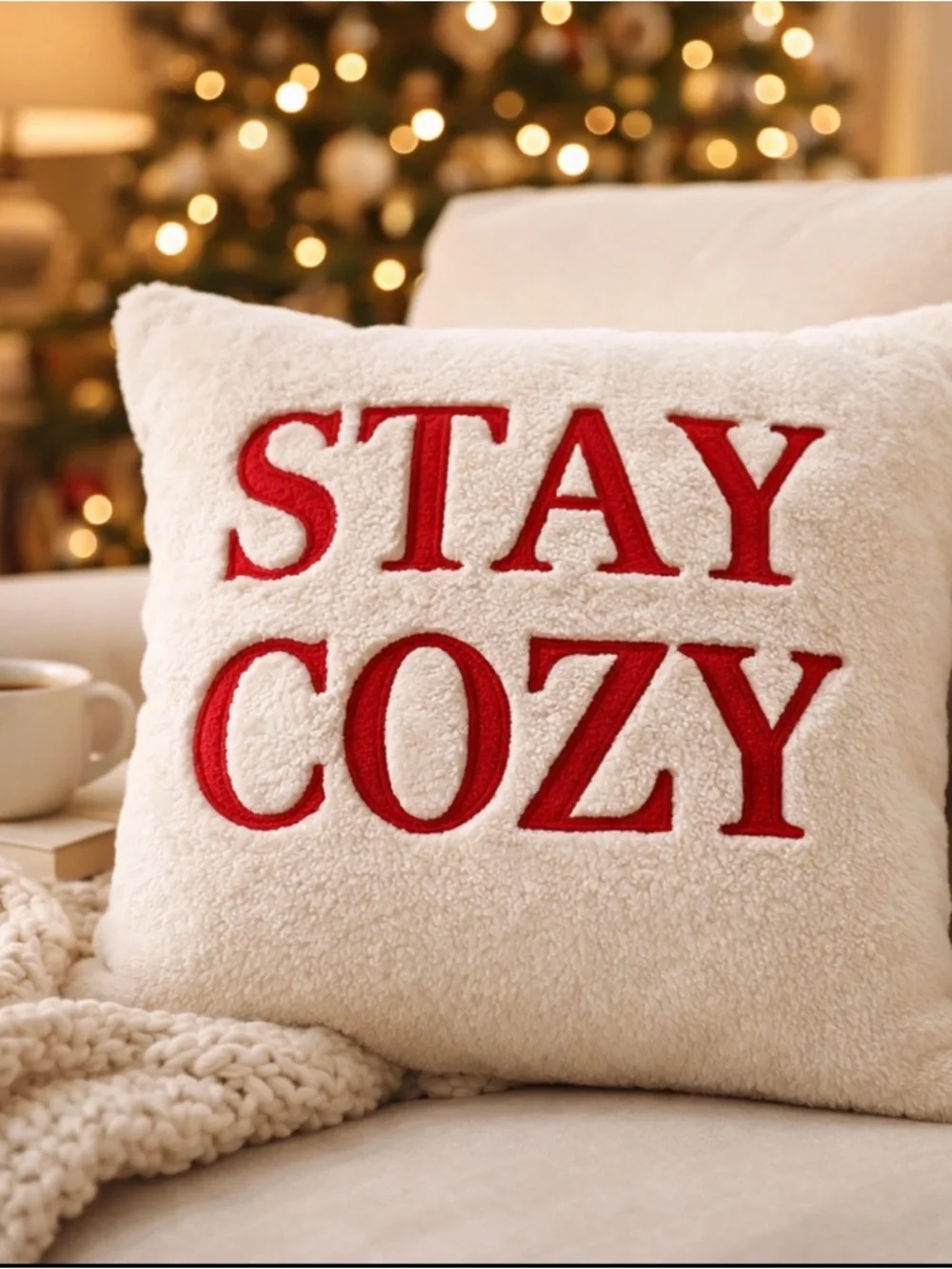 STAY COZY PLUSH THROW PILLOW CUSHION 18” WHITE FAUX FUR GOLD TRIM RED LETTER